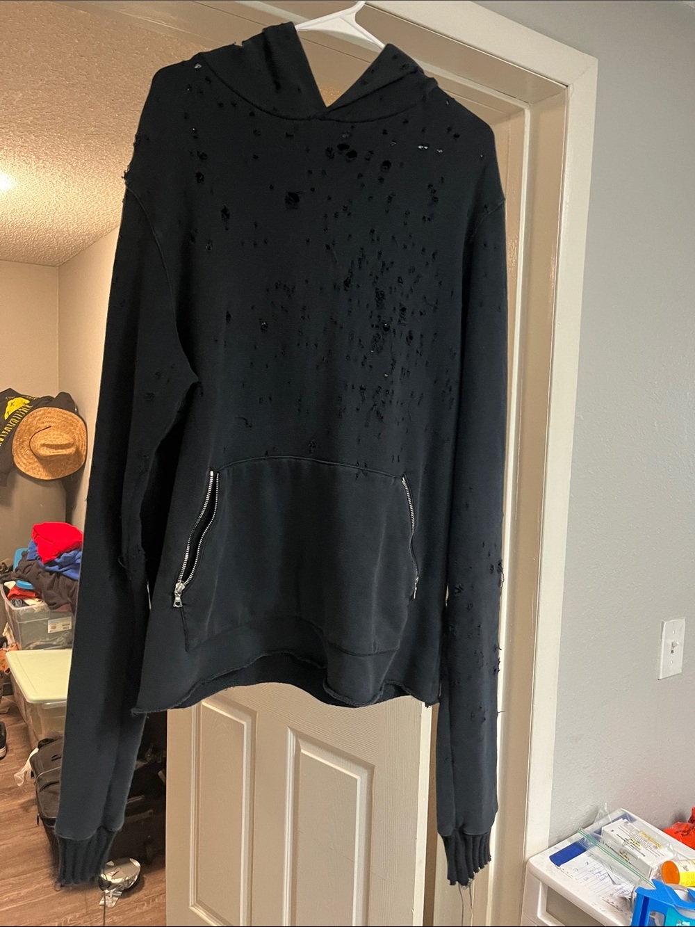 Distressed Amiri black charcoal shotgun Zip-Pocket Hoodie vintage cashmere ribb